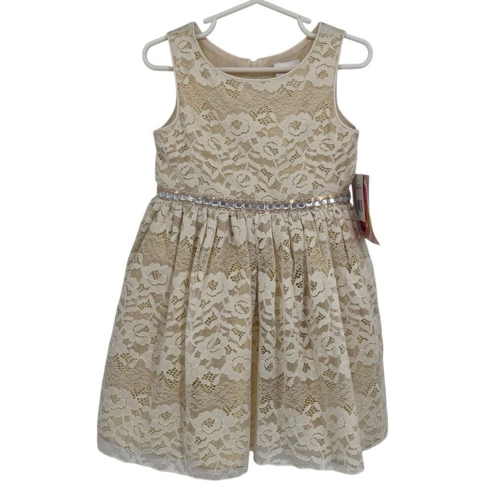 Youngland Girls Lace Dress with‎ Sparkle Waistband Cream/Gold Girls Size 4T NWT